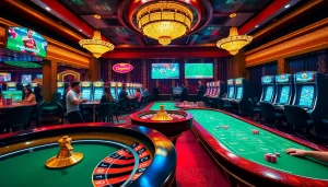 Exciting casino scene showcasing trực tiếp bóng đá on large screens, players engrossed in poker and roulette.