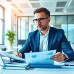 Accountant analyzing financial data in a modern office to ensure accurate accounting.