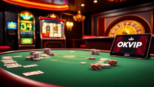 Experience luxury gaming at OKVIP with poker, roulette, and slot machines in a vibrant casino atmosphere.
