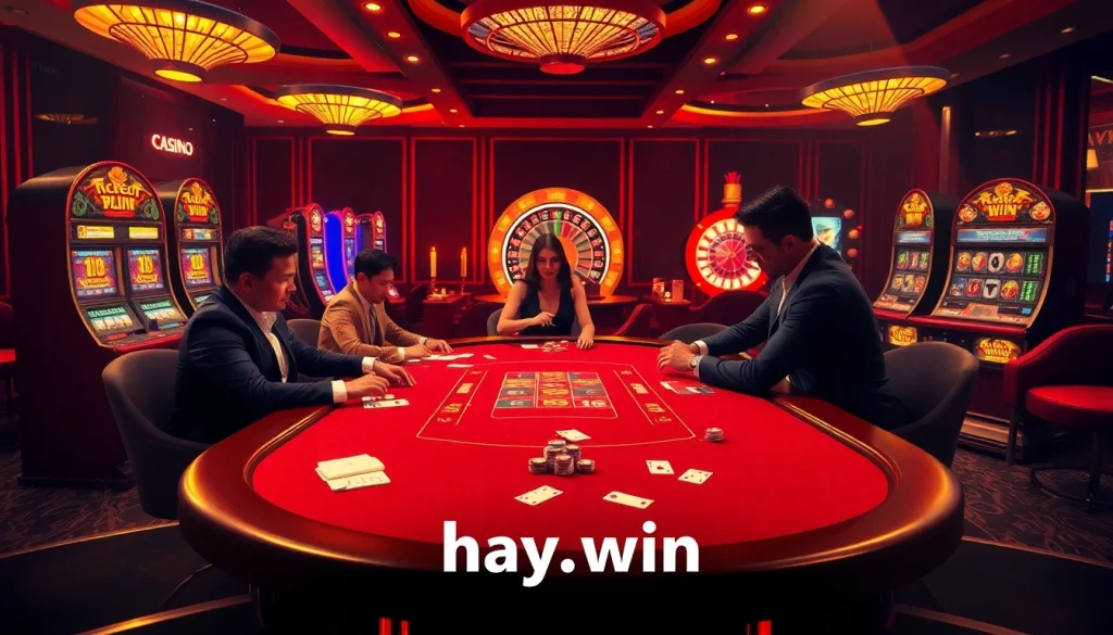 Players enjoying a thrilling poker game at hay.win's luxurious casino table.