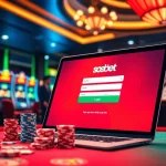 Engage in sbobet login terbaru at a luxurious casino, surrounded by vibrant gaming elements.