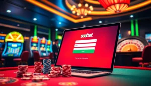Engage in sbobet login terbaru at a luxurious casino, surrounded by vibrant gaming elements.