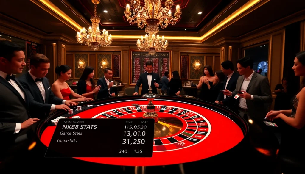 Players enjoy strategic betting in the vibrant NK88 casino atmosphere, featuring roulette and cards.