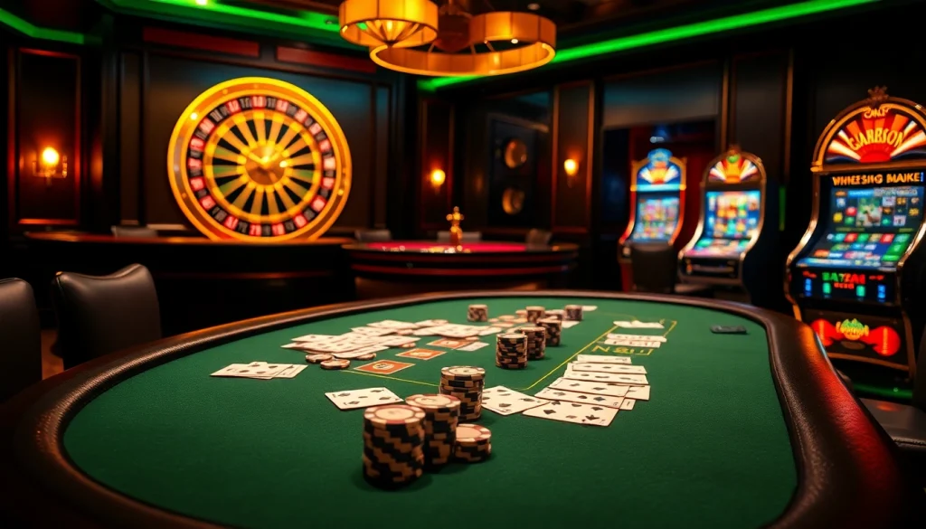 NK88 themed luxurious poker table with excited gamblers, colorful chips, and elegant ambiance