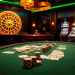 NK88 themed luxurious poker table with excited gamblers, colorful chips, and elegant ambiance