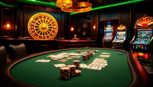 NK88 themed luxurious poker table with excited gamblers, colorful chips, and elegant ambiance