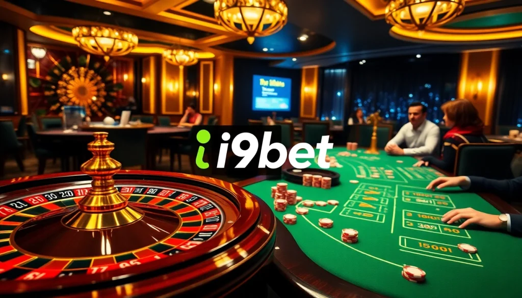 I9BET features an exciting casino scene with poker chips and a spinning roulette wheel, inviting players to join the action.