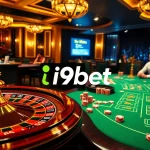 I9BET features an exciting casino scene with poker chips and a spinning roulette wheel, inviting players to join the action.