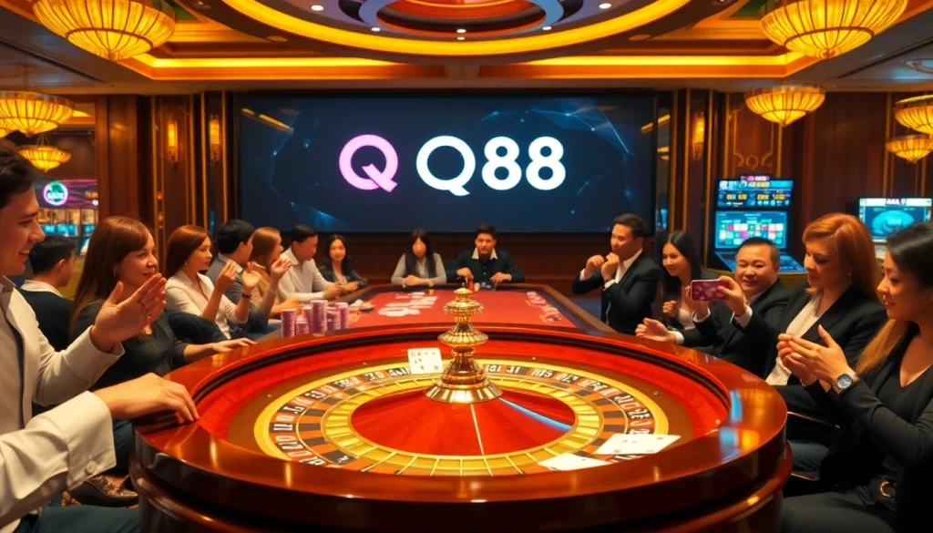 Experience the excitement of Nhà cái QQ88 with a luxurious casino scene featuring roulette and poker elements.