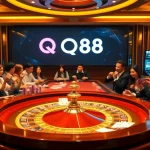 Experience the excitement of Nhà cái QQ88 with a luxurious casino scene featuring roulette and poker elements.