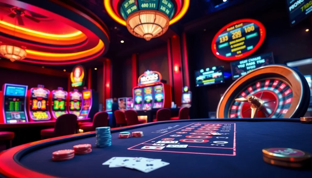 RR88 players enjoying a thrilling poker game with vibrant casino elements.