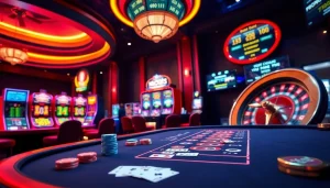 RR88 players enjoying a thrilling poker game with vibrant casino elements.