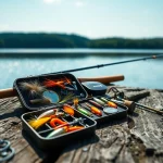 Elevate your fishing adventure with this pristine fly fishing kit at a peaceful lake.