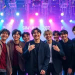 BTS members performing energetically on stage, showcasing their charisma and unity.