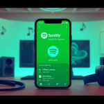 Discover the vibrant Spotify mod apk interface on a modern smartphone, highlighting premium features in a stylish tech workspace.