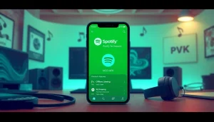 Discover the vibrant Spotify mod apk interface on a modern smartphone, highlighting premium features in a stylish tech workspace.