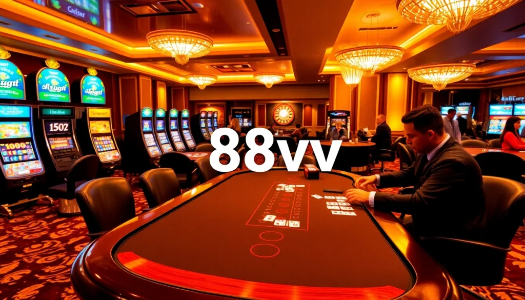 Exciting gameplay at 88vv casino with vibrant slot machines and a poker table.