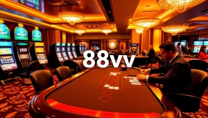 Exciting gameplay at 88vv casino with vibrant slot machines and a poker table.