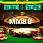 MM88 casino scene with dynamic poker action, featuring cards and chips on an elegant table.