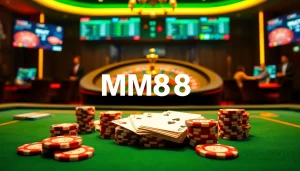 MM88 casino scene with dynamic poker action, featuring cards and chips on an elegant table.