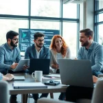 Team collaborating on a SaaS project in a bright, modern office with technology.