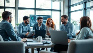 Team collaborating on a SaaS project in a bright, modern office with technology.