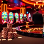 S8 casino players engaging with a roulette wheel and vibrant slot machines in a luxurious atmosphere.