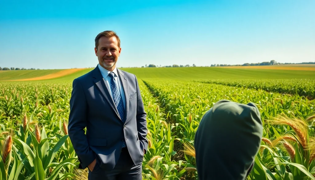 Agriculture law expert discussing legal advice with farmer amidst vibrant green fields.