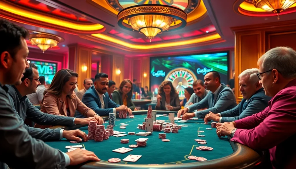 Pemain menikmati permainan Texas Hold'em di meja poker idn play dalam suasana kasino yang semarak.