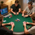 N188 players engaged in an online poker game with strategy cards and vibrant chips.