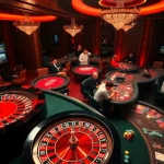 Plongez dans l'atmosphère vibrante du meilleur casino en ligne avec des joueurs aux tables de roulette et de poker.