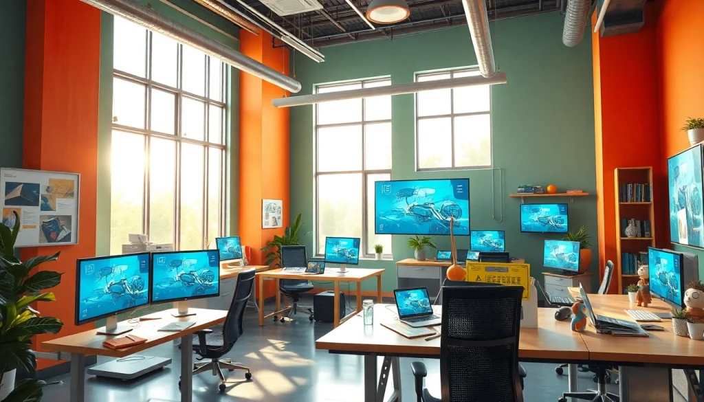 Animationstudio: Ein kreatives Studio mit digitalen Displays und Arbeitsbereichen.