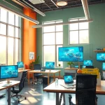 Animationstudio: Ein kreatives Studio mit digitalen Displays und Arbeitsbereichen.