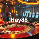 Hay88 players enjoying a thrilling game at a vibrant casino roulette table, showcasing an exciting gambling atmosphere.