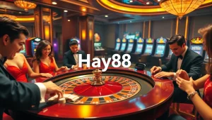 Hay88 players enjoying a thrilling game at a vibrant casino roulette table, showcasing an exciting gambling atmosphere.