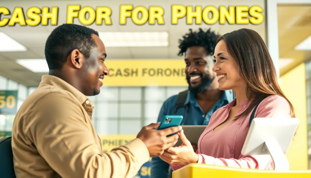 Customer exchanges smartphone for cash for phones Bryant AR in a welcoming storefront.