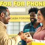 Customer exchanges smartphone for cash for phones Bryant AR in a welcoming storefront.