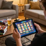 Engaging in Rikvip casino gameplay on a tablet in a cozy home setting, showcasing responsible gambling.