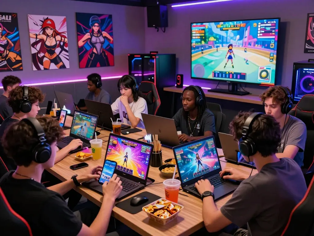 Engaged players exploring free sex games in a colorful modern gaming lounge with immersive visuals.
