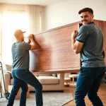 Efficient moving services edmonton with professional movers handling a large cabinet in a modern home.
