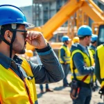 Workers demonstrating construction site safety with equipment in a well-lit construction area.