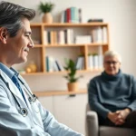 A patient engages with a professional private GP in a welcoming office setting.