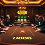 Players enjoying a thrilling poker game at U888 casino, surrounded by chips and lively atmosphere.