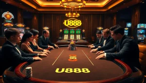 Players enjoying a thrilling poker game at U888 casino, surrounded by chips and lively atmosphere.