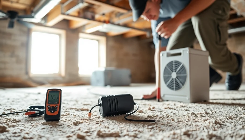 Crawl Space Restoration technician inspecting a clean underfloor area with tools.