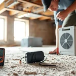 Crawl Space Restoration technician inspecting a clean underfloor area with tools.