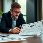 Engineer reviewing cror certification document in a professional office setting.