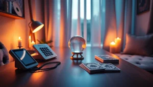 電話、タロットカード、クリスタルボールを特徴とする静かな占い相談室で信頼できる電話占い 当たるを体験してください。