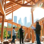 Showcasing a Structural Timber Frame project with detailed craftsmanship in a vibrant urban setting.