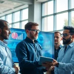 Offering reliable IT support services with a dedicated team analyzing security solutions in a high-tech office.